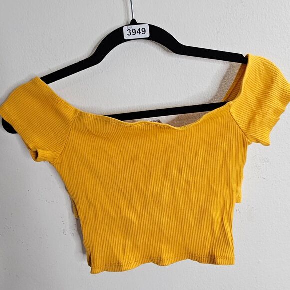 Mustard Yellow Take It Or Leave It Off Shoulder Crop Snap Button Ribbed Top XS - Picture 1 of 8